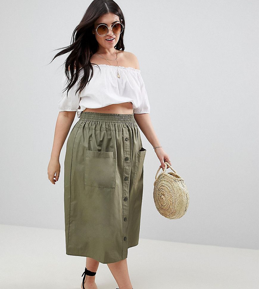 ASOS DESIGN Curve cotton midi skirt with button front - Red | ASOS US