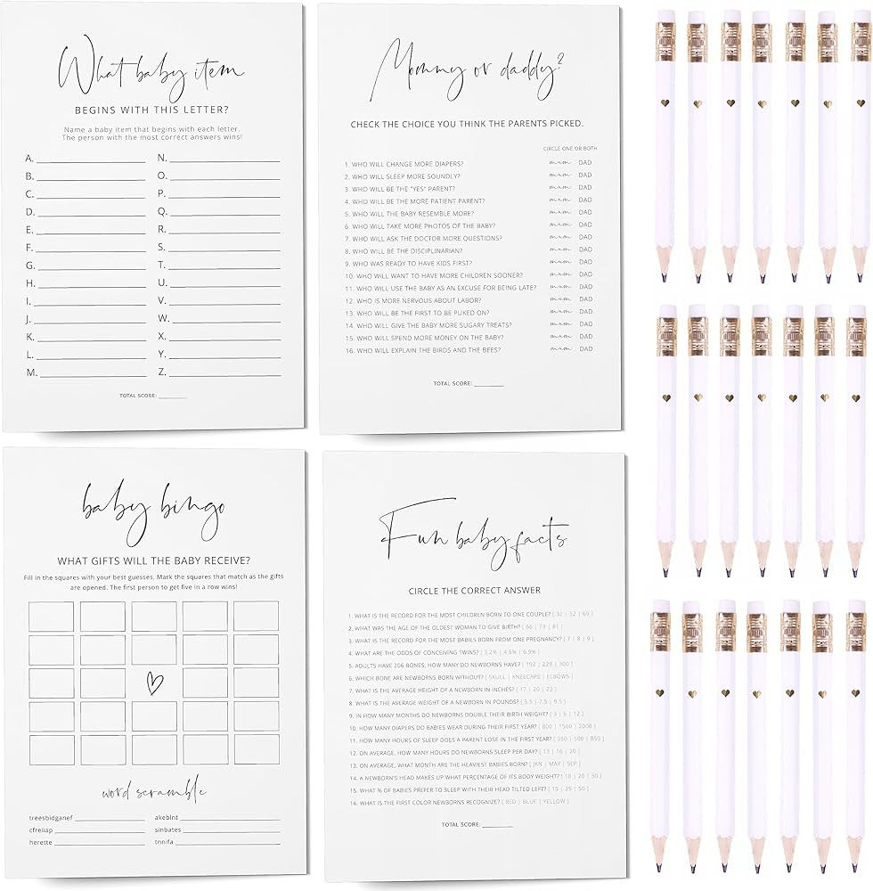 Baby Shower Games Bundle - 5 Baby Shower Games for 30 Guests, 30 Baby Shower Pencils - Double Sid... | Amazon (US)