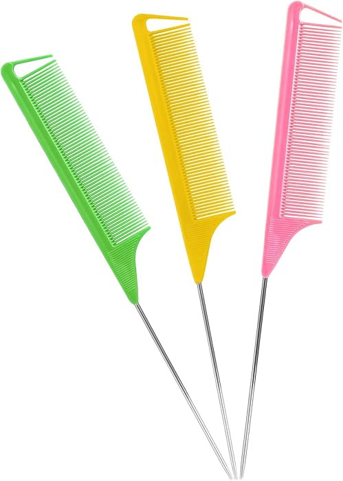 Rat Tail Combs Set: 3Pcs Long Steel Pin Teasing Combs for Salon Hair Stylists, Metal Parting Comb... | Amazon (US)