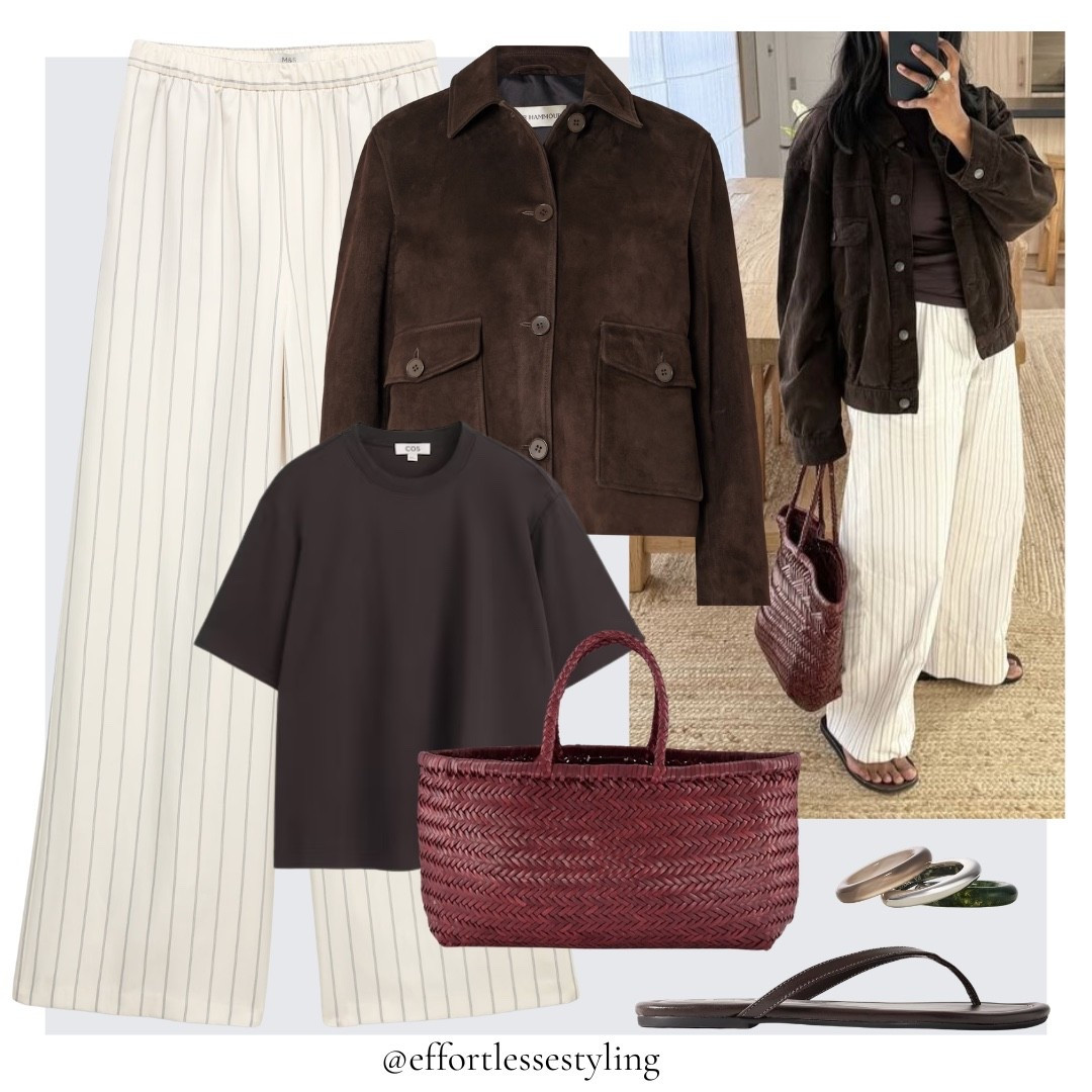 Casual Spring outfit. 

Brown suede jacket, dark brown cotton T-shirt, neutral and black pinstriped wide leg elasticated waist trousers, silver, moss and grey agate ring set, dark brown leather flip flops, dark brown woven leather bag. trendstrendstrendstrendstrendstrendstrends

#LTKUK #LTKspring #LTKspringtrends