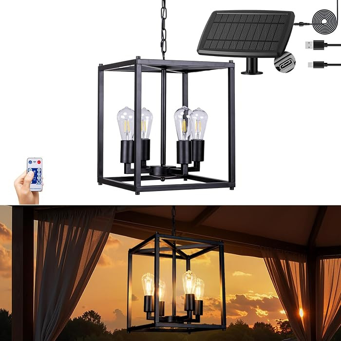 Solar Chandelier Outdoor, 14" Farmhouse Waterproof Dimmable Hanging Pendant Lights for Gazebo, Pe... | Amazon (US)