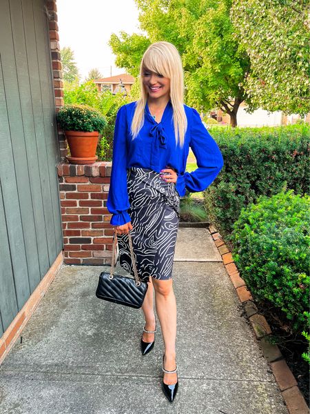 Cobalt blue tie neck top - print pencil skirt - quilted bag - work outfit - wear to work - work style - fall fashion - fall outfit ideas - Amazon Fashion - Amazon Finds - Amazon Deals 

#LTKitbag #LTKSeasonal #LTKworkwear