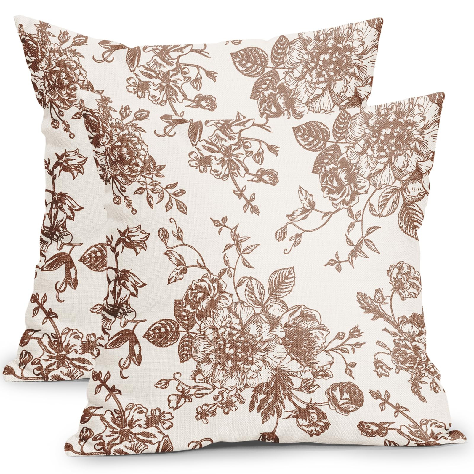 Vintage Floral Pillow Covers 18x18 Inch Set of 2 Dark Brown and Cream Floral Throw Pillow Covers ... | Amazon (US)