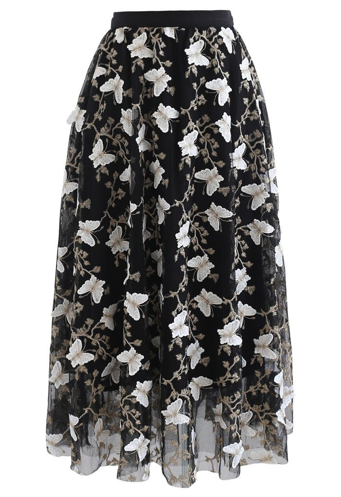 3D Butterfly Embroidered Double Layered Tulle Skirt in Black | Chicwish