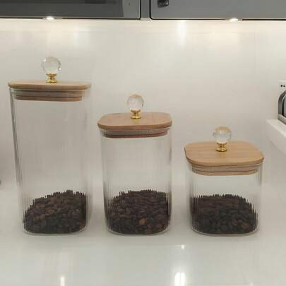 Three Pieces Set Of High Borosilicate Glass Storage Jar Set, Kitchen And Household Food Sealing Jar, Candy, Coffee Beans, Tea Storage Bottle, Coffee C | SHEIN