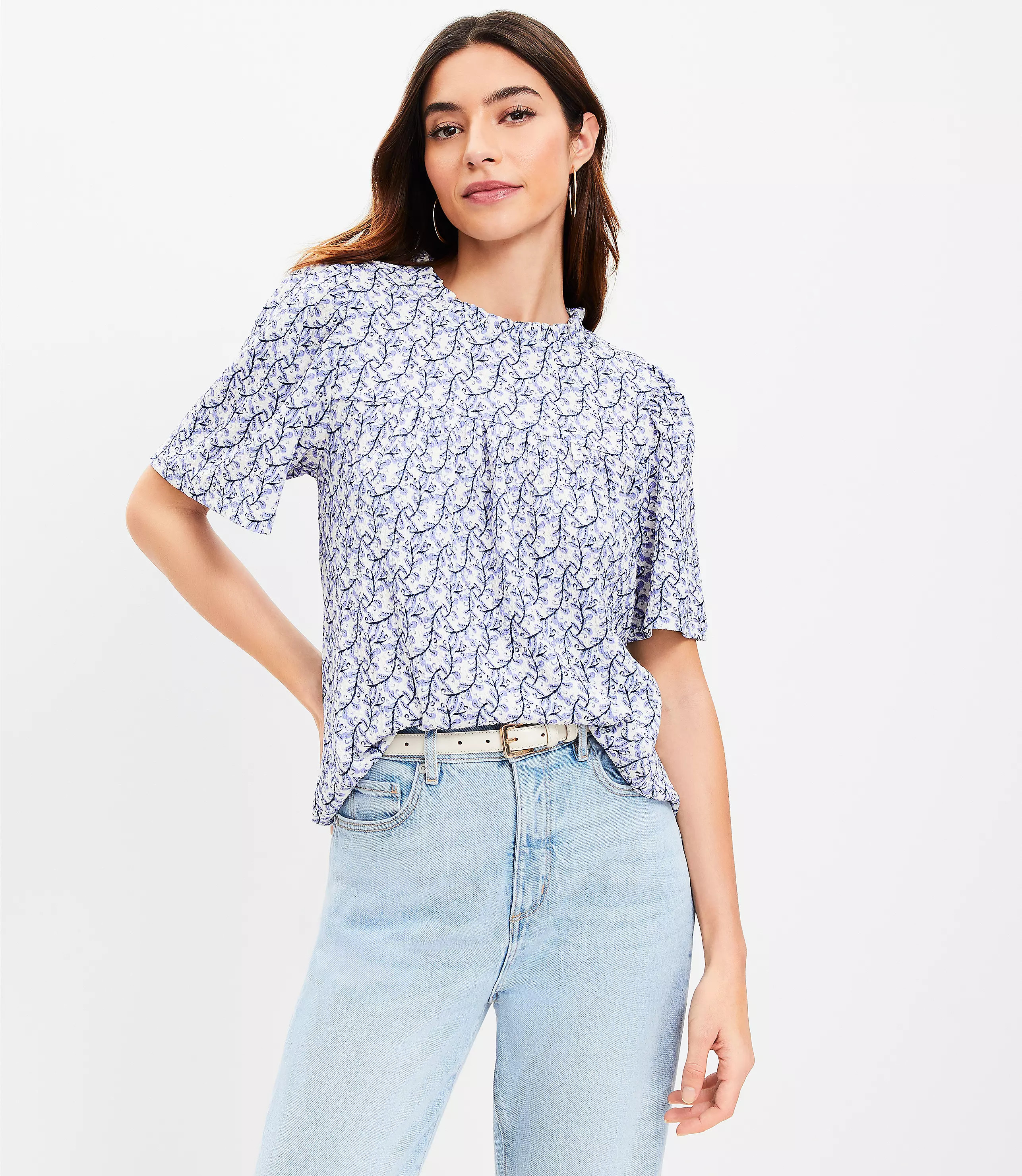 Leafed Textured Ruffle Neck Flutter Sleeve Top | LOFT