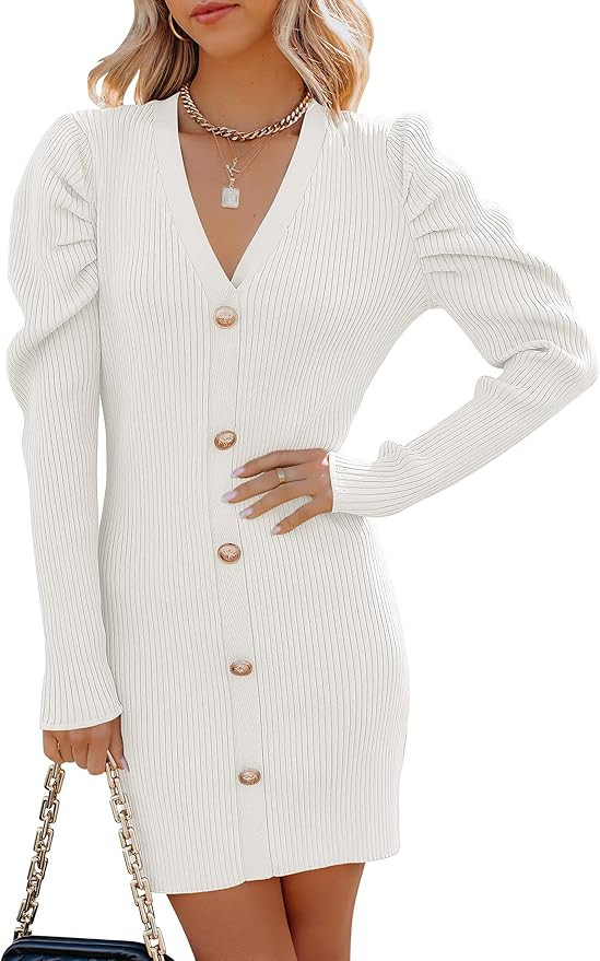 ANRABESS Women's Puff Long Sleeve V Neck Buttons Ribbed Knit Slim Fit Pullover Sweater Bodycon Mi... | Amazon (US)