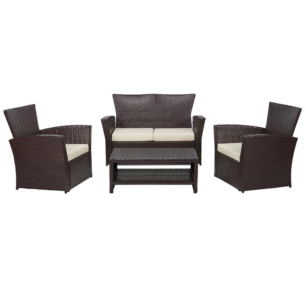 Classic Brown 4-Piece Wicker Patio Conversation Set with Beige Cushions | The Home Depot