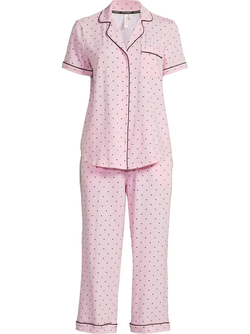 Joyspun Women's Cotton Blend Notch Collar Top and Capri Pants Pajama Set, 2-Piece, Sizes S to 4X | Walmart (US)