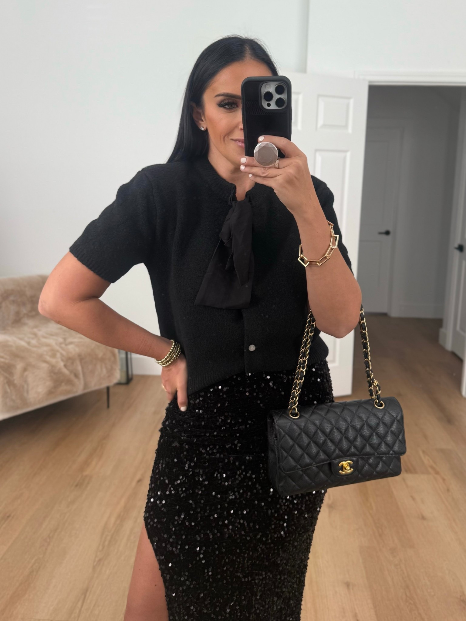 Free Assembly Women's Button-Front Bow Sweater with Short Sleeves only $24. Madden NYC Women's Sequin Velour Maxi Skirt only $16