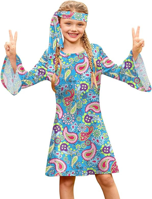 BesserBay Girl's 70s Retro Hippie Bell Sleeve Midi Dress with Headband 4-14 Years | Amazon (US)