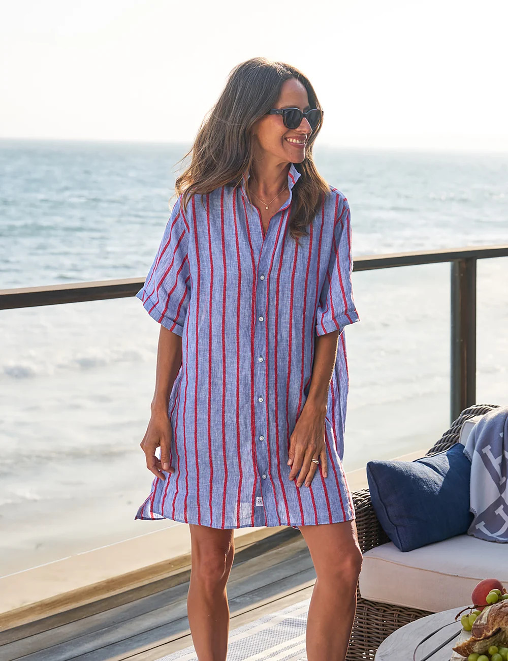 ROSEMARY Blue and Red Textured Stripe, Italian Classic Linen | Frank & Eileen