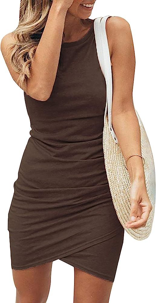 BTFBM Women Casual Crew Neck Ruched Sleeveless Tank Bodycon 2021 Shirt Short Mini Dresses | Amazon (US)