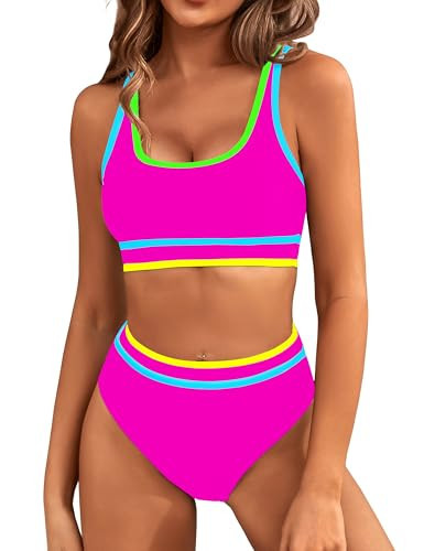 BMJL Women's High Waisted Bikini Sets Tummy Control Two Piece Swimsuits Color Block Cheeky High Cut Bathing Suits(L,Rainbow Hot Pink) | Amazon (US)