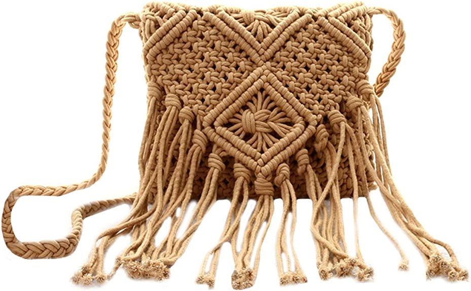 Van Caro Handwoven Cotton Straw Shoulder Bag Crochet Tassel Beach Bohemian Purse for Women | Amazon (US)