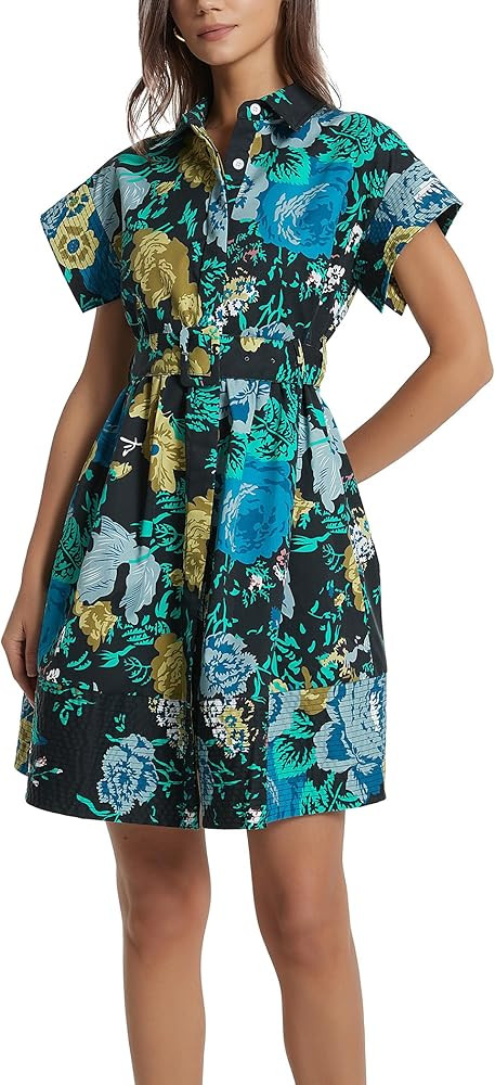 D-Sun Women Button Down Shirt Dress V-Neck Floral Printed Short Sleeve Mini Dress Casual Belted S... | Amazon (US)