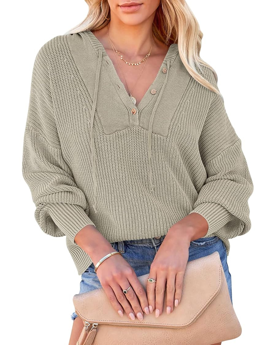 ANRABESS Women‘s Long Sleeve Henley Hoodie Button Drawstring Casual Knitted Pullover Sweater Sw... | Amazon (US)