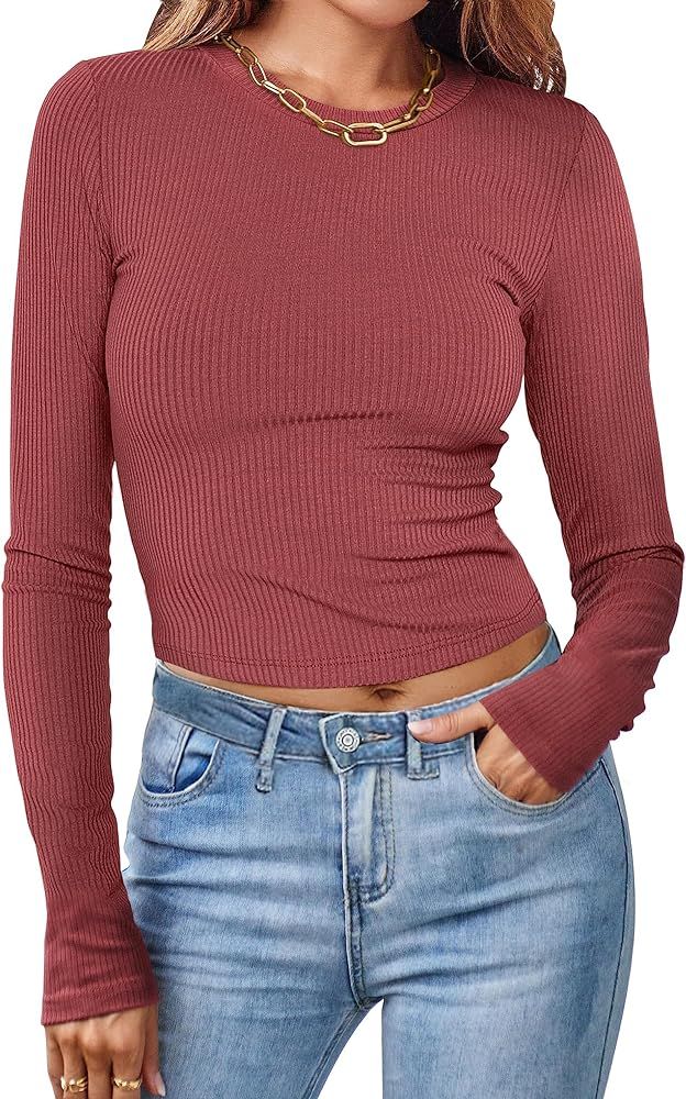 MEROKEETY Women Long Sleeve Slim Fit Crop Shirt Ribbed Knit Tops Casual Round Neck Y2K Tees | Amazon (US)