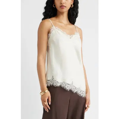 Open Edit Lace Trim Satin Camisole in Ivory at Nordstrom, Size Xx-Small | Nordstrom