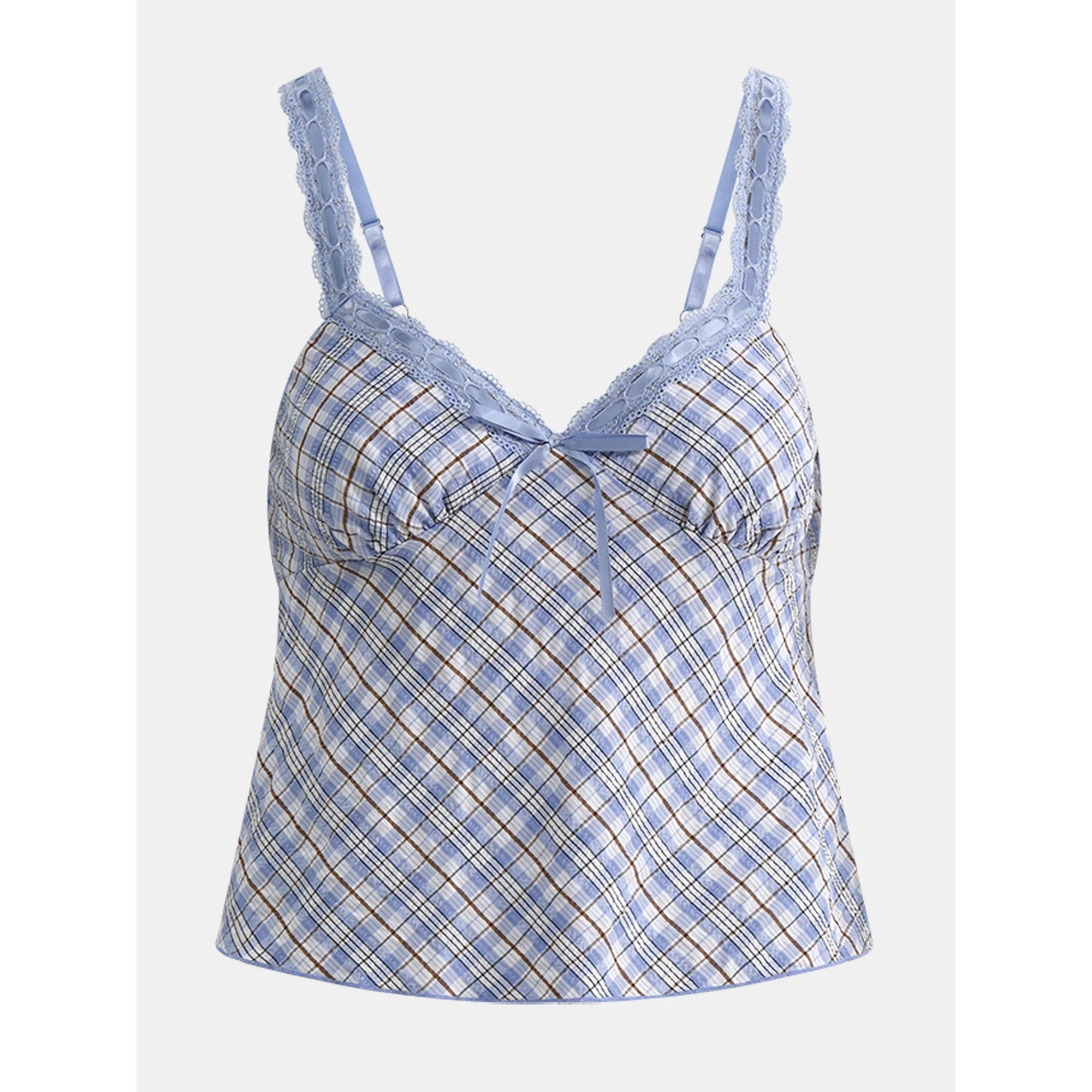 No Boundaries Woven Lace Plaid Cami, Women’s | Walmart (US)