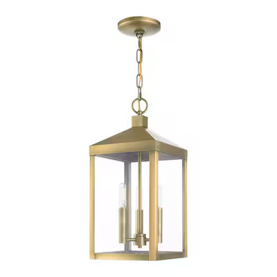 Livex Lighting Nyack 3-Light Antique Brass Transitional Clear Glass Lantern Outdoor Pendant Light... | Lowe's