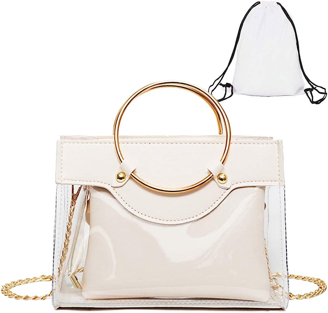Clear Handbag 2 in 1 Clear Tote Transparent Top Ring Handle Handbag Small Chain Shoulder Bag, Whi... | Amazon (US)