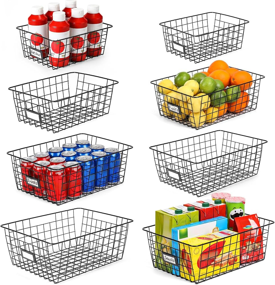 8 Set, Extra Large Wire Baskets for Organizing with Lables, Cabinet Pantry Organization and Stora... | Amazon (US)