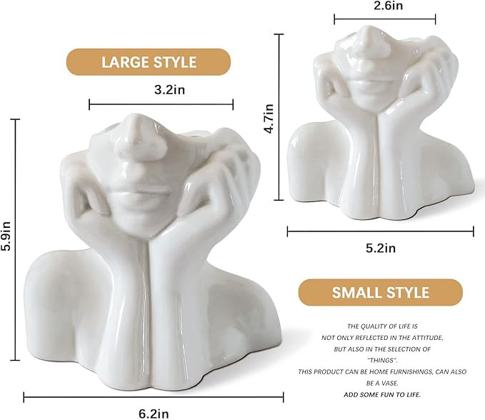 Face Vases -White Ceramic Vase -Set of 2 for Flowers,Cute Head Vase White Ceramic Body Vase Femal... | Amazon (US)