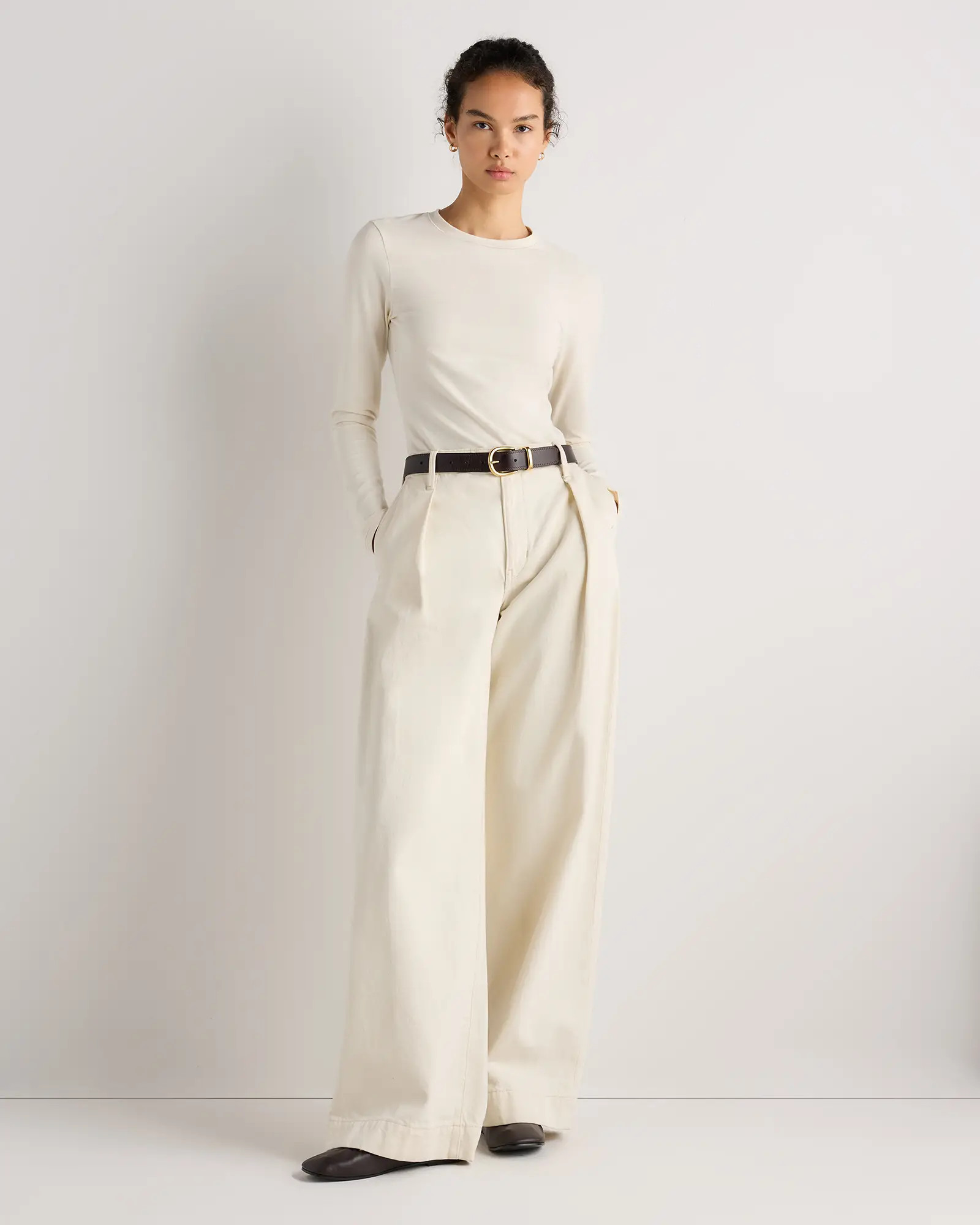 Stretch Cotton Jersey Fitted Long Sleeve T-Shirt in Linen White | Quince