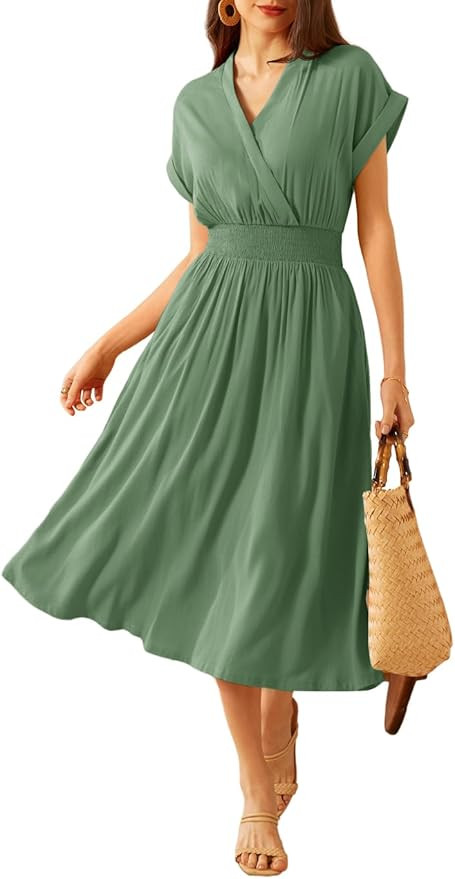 GRACE KARIN Women's Casual Dresses 2024 Summer V Neck A Line Midi Dress with Pockets | Amazon (US)