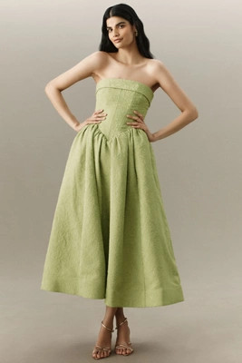 BHLDN Jacquard Strapless Basque-Waist Corset Fit & Flare Wedding Gown | Anthropologie (US)