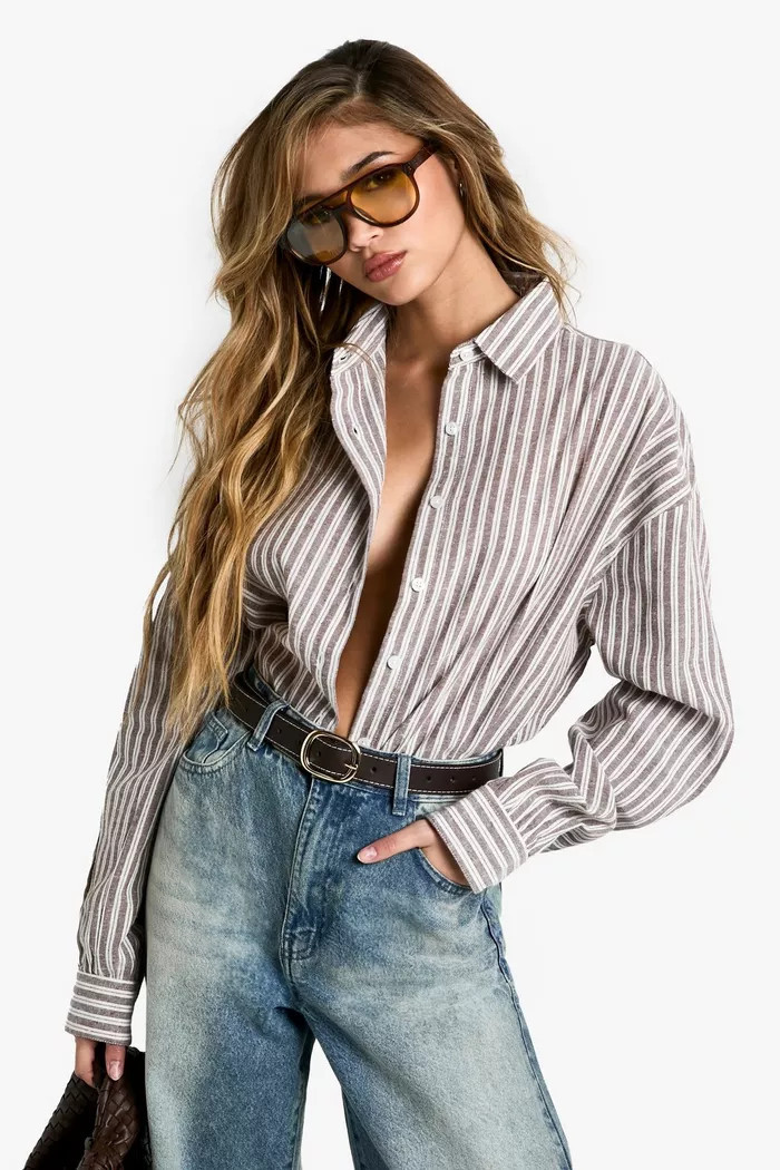 Mixed Mocha Stripe Oversized Shirt | Boohoo.com (UK & IE)