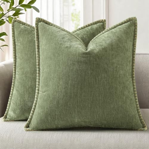 decorUhome Spring Chenille Soft Throw Pillow Covers 22x22 Set of 2, Farmhouse Velvet Neutral Decorative Euro Sham Pillow Covers with Stitched Edge for Couch Sofa Bed Home Decor, Olive Green | Amazon (US)