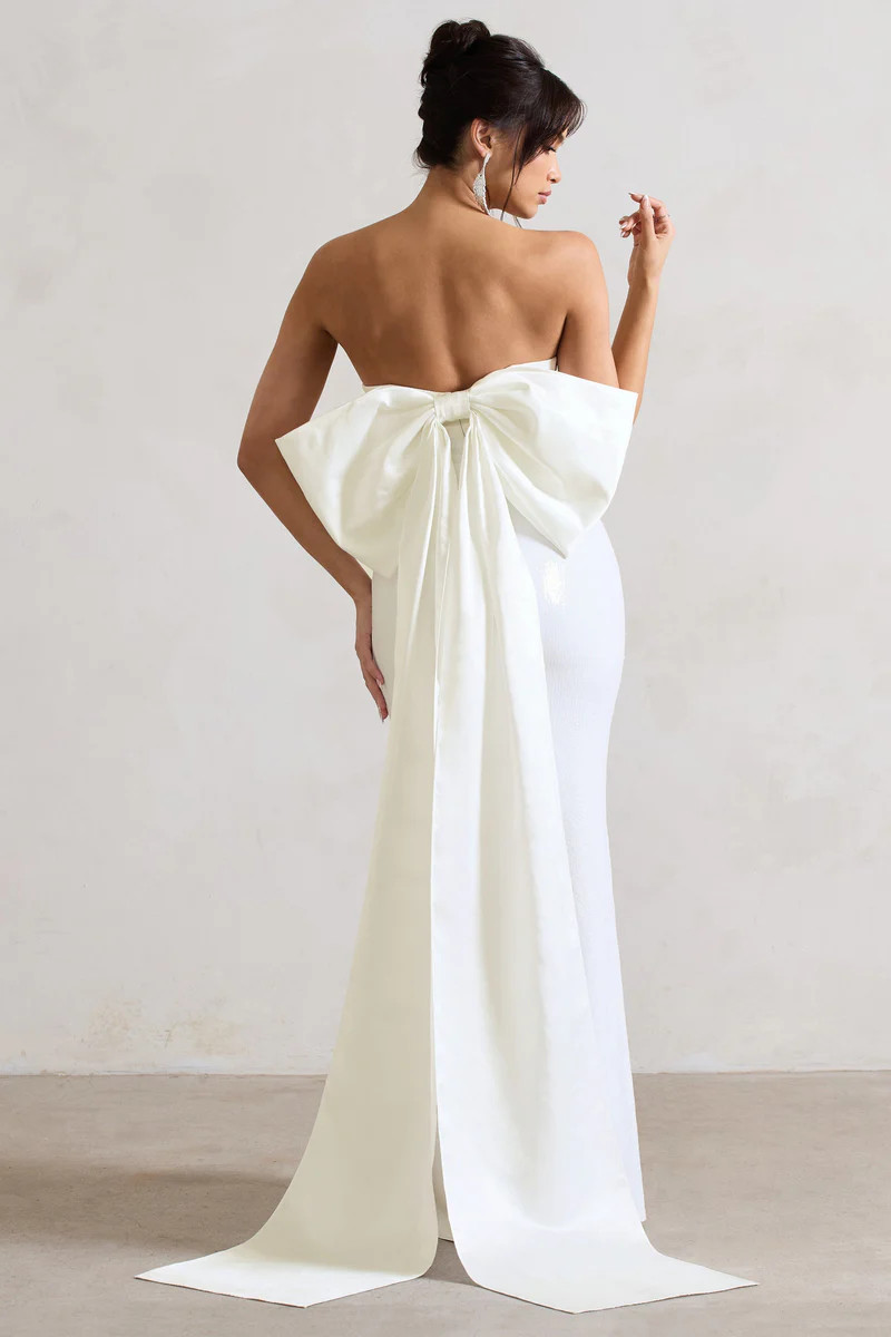 To You  White Sequin Bandeau Split Maxi Dress With Oversized Bow | Club L London