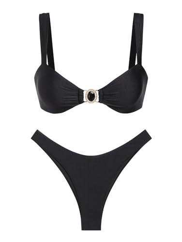 seamoly Black Shiny Rhinestones Metal Decor Cheeky Bikini Set,Black,L | Amazon (US)