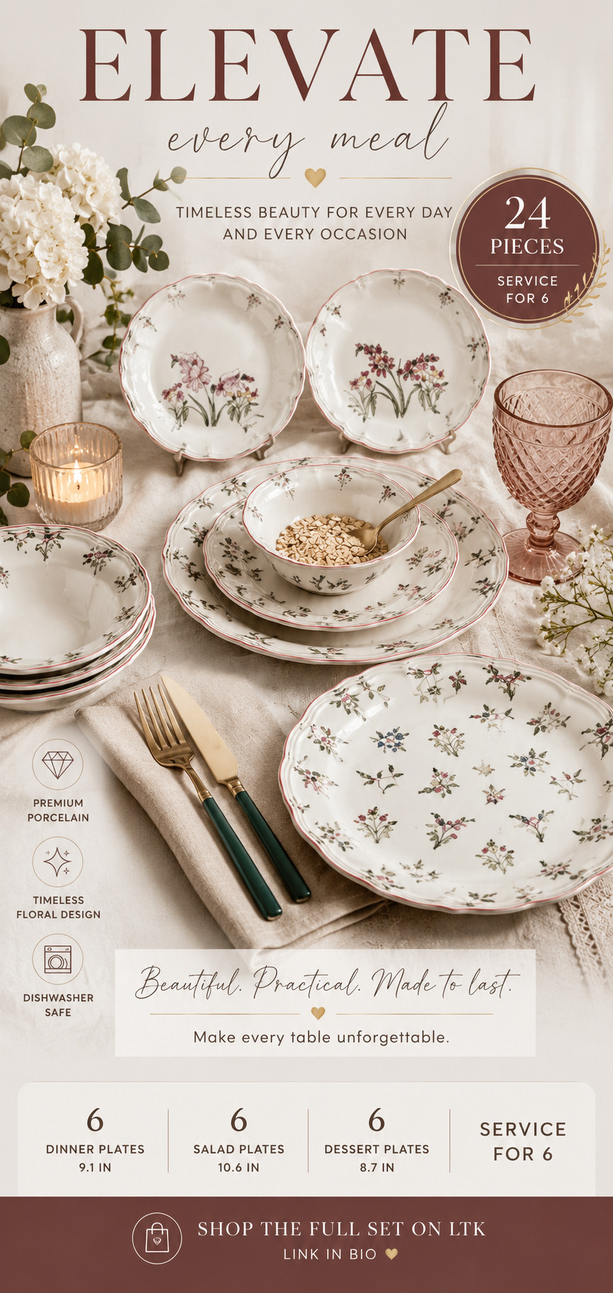 Elegant porcelain dinnerware set with a timeless floral design 🤍

This 24-piece set is perfect for creating a beautiful table setting for everyday meals, family dinners, brunches, or special occasions. The delicate botanical pattern, scalloped edges, and soft vintage-inspired look make it feel elegant, cozy, and expensive without being too formal.

Includes service for 6:
6 dinner plates
6 salad plates
6 dessert plates
6 bowls

A beautiful choice if you love classic, feminine, cottage-inspired, or European-style table decor.

#homedecor #tablescape #dinnerware #LTKhome #kitchenfinds
 

 #LTKfoodie #LTKHome