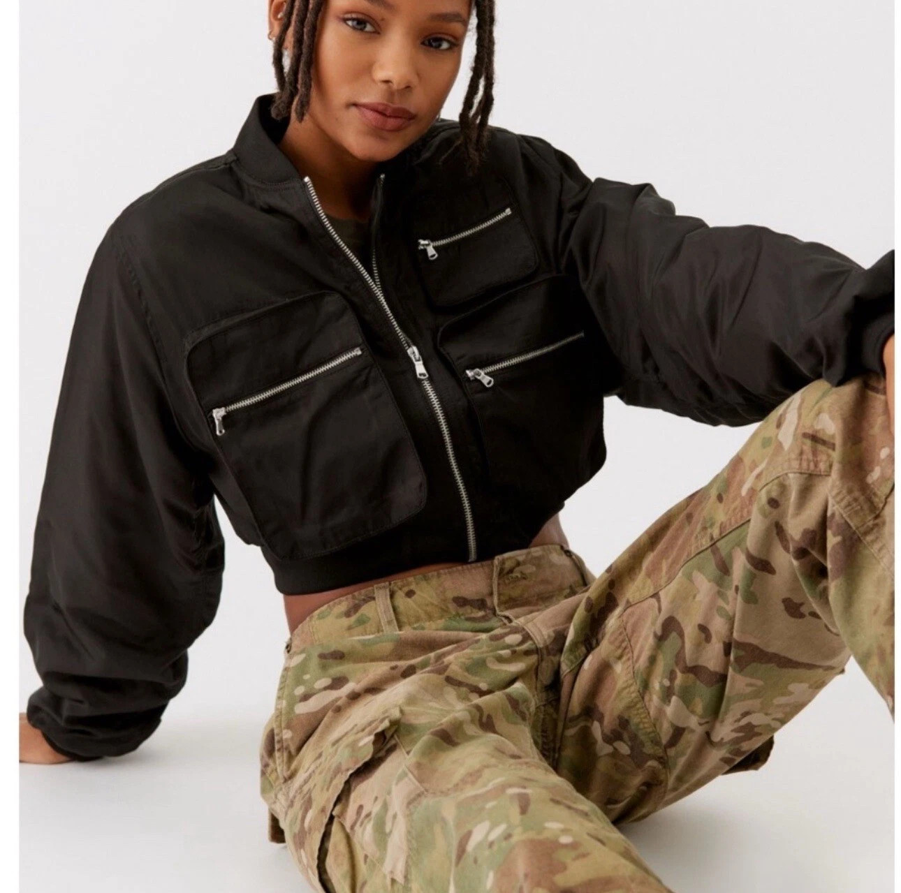 UO Urban Outfitters Jodie Cropped Bomber Jacket Womens Medium Black Military Cut | eBay | eBay US