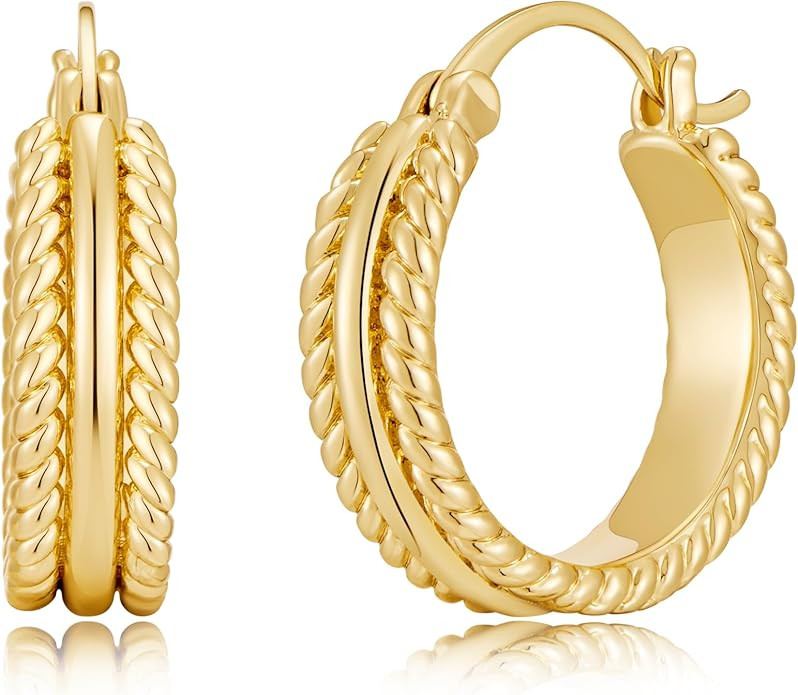 Chunky Gold Hoop Earrings for Women - 14k Gold Plated Twisted Rope Thick Hoops, Lightweight Hypoa... | Amazon (US)