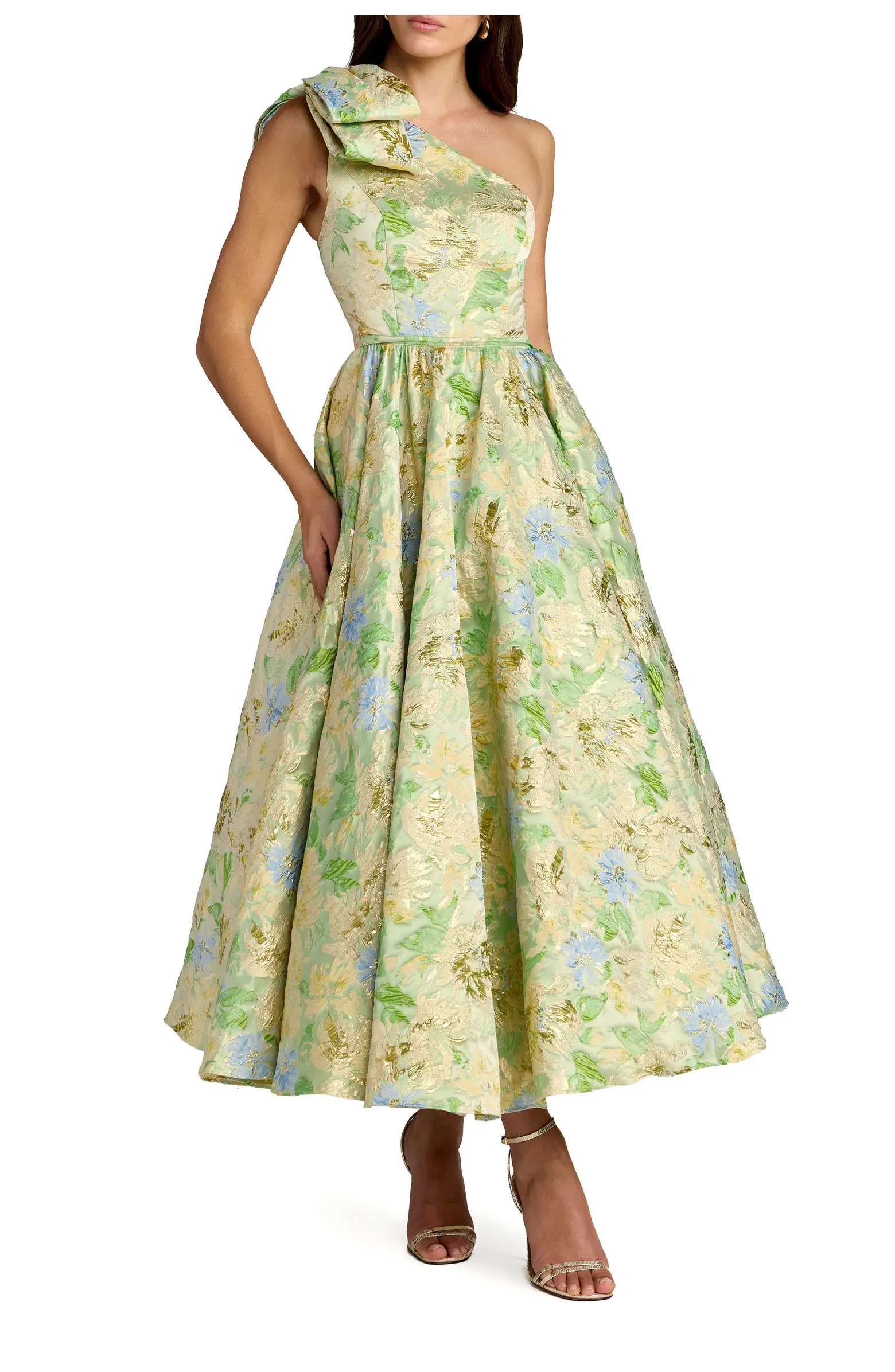 Mac Duggal One-Shoulder Floral Brocade Midi Dress with Bow Detail | Nordstrom | Nordstrom