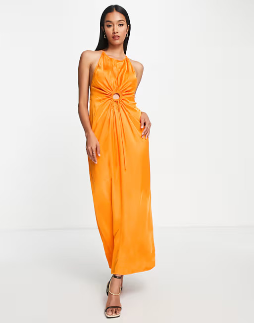 Topshop cut out halter satin midi slip dress in orange | ASOS (Global)