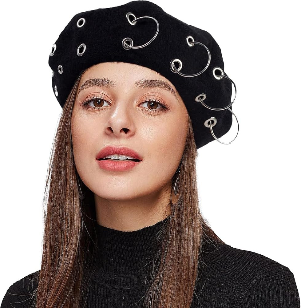 ACCESSORY Wool Black Beret Hat - Silver Ring Piercing Rock Beret (Black) | Amazon (US)