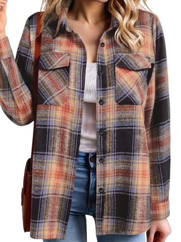 Zeagoo Women's Flannel Shirt Long Sleeve Button Up Oversized Tops Casual Boyfriend Shackets with Pocket Sandy Brown XL | Amazon (US)