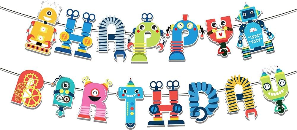 Robot Birthday Party Banner Robots Happy Birthday Banner Cartoon Birthday Sign Baby Shower Photo ... | Amazon (US)