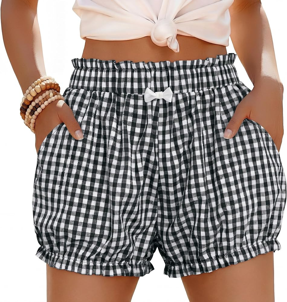 Xaatren Women's Cotton Gingham Shorts Casual Ruffle Pajama Lounge Plaid Short Summer Cute Y2k Fri... | Amazon (US)