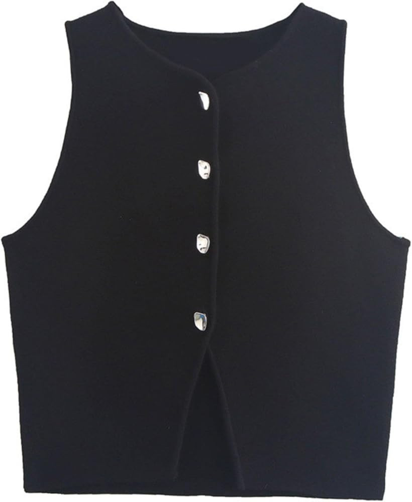 FindThy Women’s Cropped Knit Vest Trendy Crewneck Sleeveless Button Down Slim Fit Solid Color S... | Amazon (US)