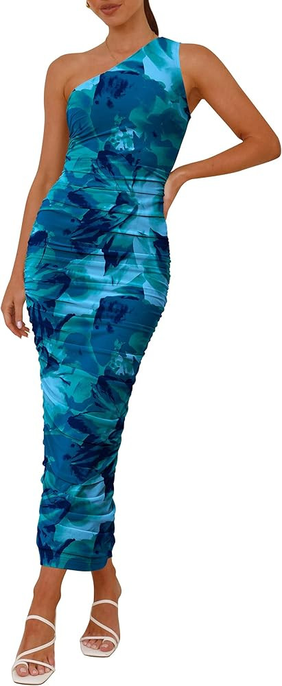 PRETTYGARDEN Women's One Shoulder Bodycon Dresses Summer 2025 Ruched Floral Beach Cocktail Weddin... | Amazon (US)
