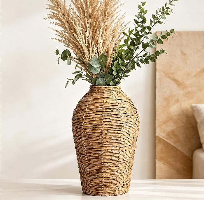 15" Woven Faux Seagrass Floor Vase \u2013 Large Decorative Planter | Amazon (US)