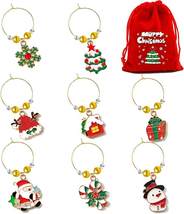 Christmas Wine Glass Charms 8 PCS, Metal Wine Charms for Stem Glasses, Wine Glass Identifiers Tag... | Amazon (US)