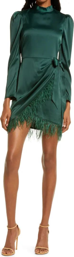 Saylor Quin Metallic Feather Trim Long Sleeve Satin Minidress | Nordstrom | Nordstrom