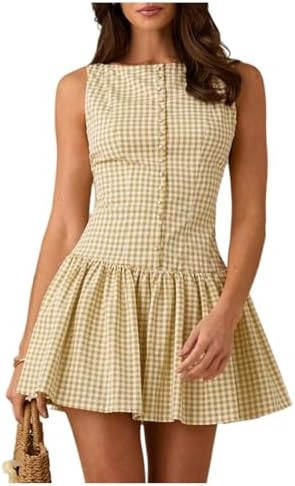 OYOANGLE Women's Gingham Sleeveless Ruffle Short Dress Open Back Button Front Y2K Plaid Dresses | Amazon (US)